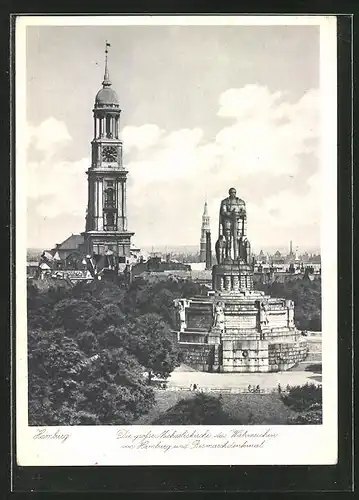 AK Hamburg-St. Pauli, Grosse Michaeliskirche und Bismarckdenkmal