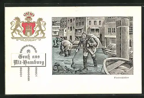 Präge-Künstler-AK Alt-Hamburg, Fleetenkieker, Stadtwappen