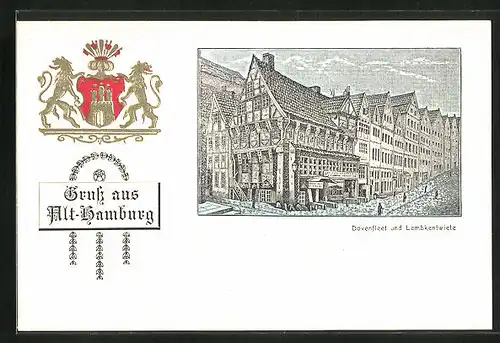 Präge-Künstler-AK Alt-Hamburg, Dovenfleet und Lemkentwiete, Stadtwappen