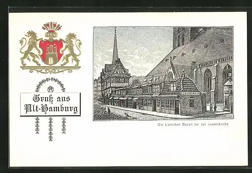 Künstler-AK Alt-Hamburg, Die Lübschen Buden bei der Jakobikirche, Stadtwappen