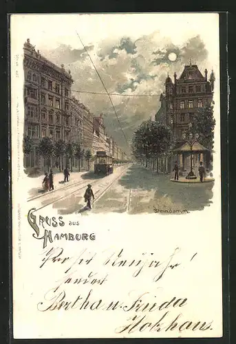 Lithographie Hamburg-St.Georg, Strassenbahn am Steindamm im Mondlicht