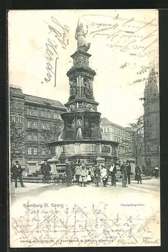 AK Hamburg-St.Georg, Hansabrunnen mit Passanten