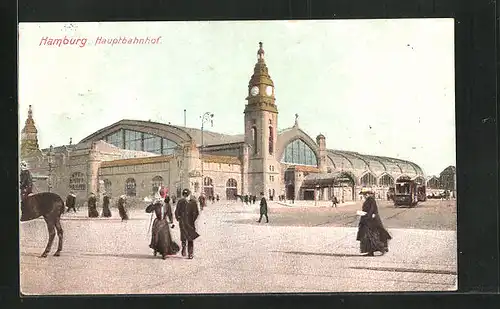 AK Hamburg-St.Georg, Hauptbahnhof mit Strassenbahn und Passanten