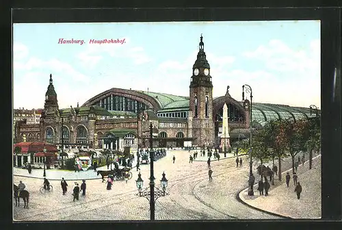 AK Hamburg-St.Georg, Hauptbahnhof mit Pferdekutsche und Passanten