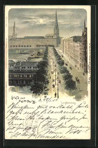 Lithographie Hamburg-Neustadt, Jungfernstieg bei Mondschein