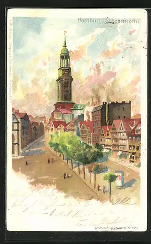 Lithographie Hamburg-Neustadt, Blick vom Schaarmarkt zur Michaeliskirche