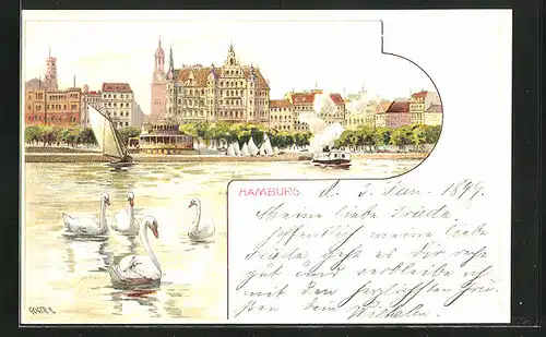 Lithographie Hamburg-Neustadt, Blick von der Binnenalster zum Restaurant Alsterlust