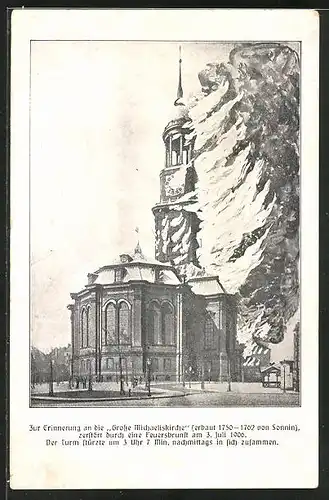 AK Hamburg-Neustadt, Zur Erinnerung an die Grosse Michaeliskirche, abgebrannt am 3. Juli 1906