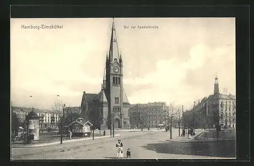 AK Hamburg-Eimsbüttel, Apostelkirche, Kiosk, Litfasssäule