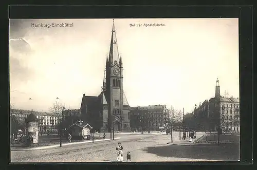 AK Hamburg-Eimsbüttel, Apostelkirche, Kiosk, Litfasssäule
