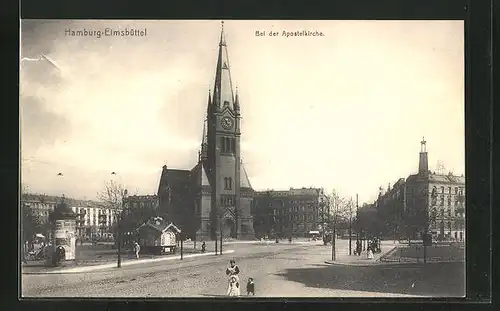 AK Hamburg-Eimsbüttel, Bei der Apostelkirche, Litfasssäule, Kiosk