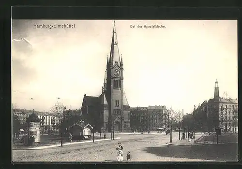 AK Hamburg-Eimsbüttel, Bei der Apostelkirche, Kiosk, Litfasssäule
