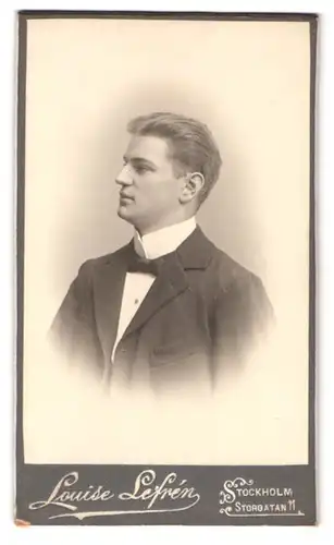 Fotografie Louise Lefrén, Stockholm, Storgatan 11, Portrait junger Herr im Anzug mit Krawatte