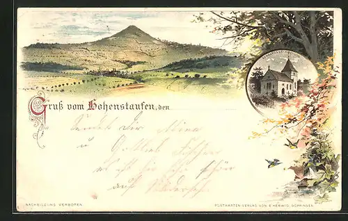 Lithographie Göppingen, Hohenstaufen, Barbarossa-Kirchlein