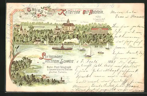 Lithographie Malente, Blick auf den Kellersee mit Hotel Schweizer Hof, 1894