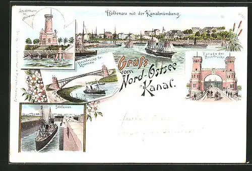 Lithographie Holtenau, Leuchtturm, Kanalmündung des Nord-Ostsee-Kanals