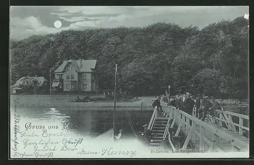 Mondschein-AK Kiel, Bellevue, Landungsbrücke mit Passanten