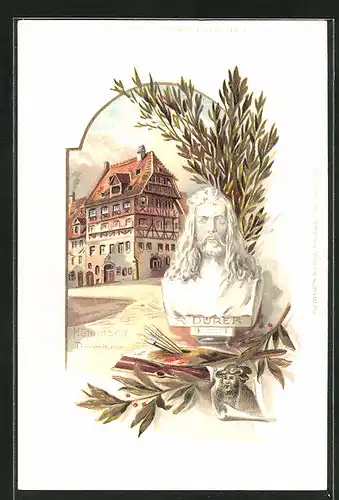 Passepartout-Lithographie Nürnberg, Blick auf das Dürerhaus und Dürer-Büste