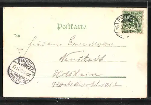 Lithographie Preetz i. H., Gasthaus Weinberg, Grosse Linde, Ortspartie mit Brücke
