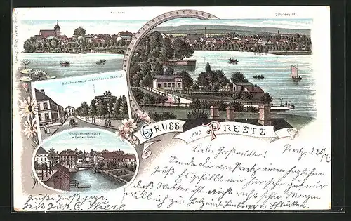 Lithographie Preetz, Schwentinenbrücke mit Drillers Hotel, Kirchsee, Bahnhofstrsase mit Rathaus und Bahnhof