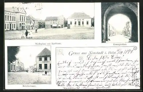 AK Neustadt i. Holst., Brückstrsase mit Gasthaus A. Monzka, Marktplatz mit Rathaus, Krempertor