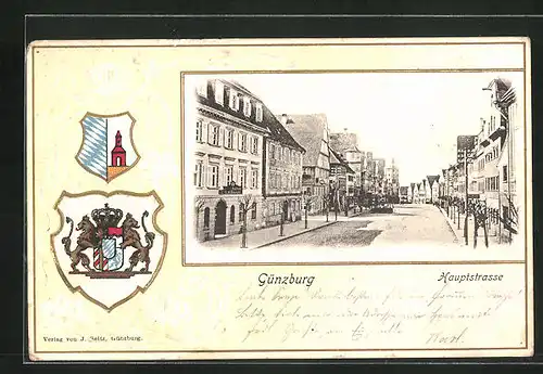 Passepartout-Lithographie Günzburg, Hauptstrasse mit Apotheke, Wappen