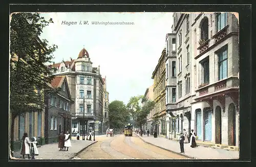 AK Hagen i. W., Währinghauserstrasse mit Geschäften und Strassenbahn