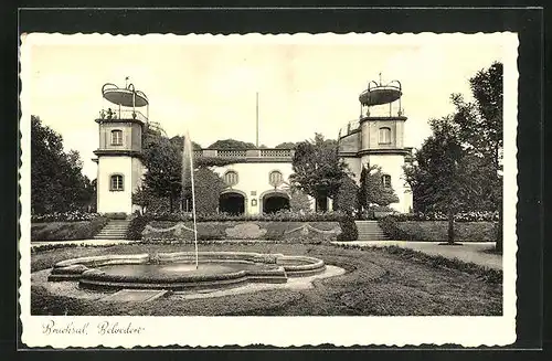 AK Bruchsal, Gasthaus Belvedere mit Brunnen