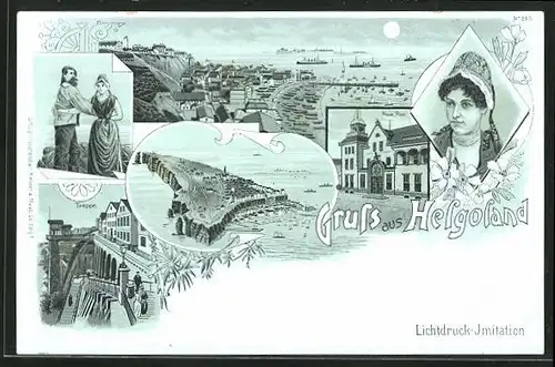 Lithographie Helgoland, Neue Post, Treppe, Strand
