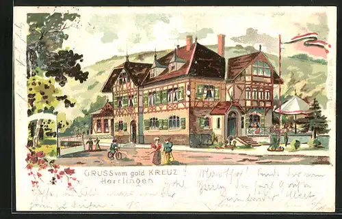Lithographie Herrlingen, Gasthaus goldenes Kreuz und Radfahrer