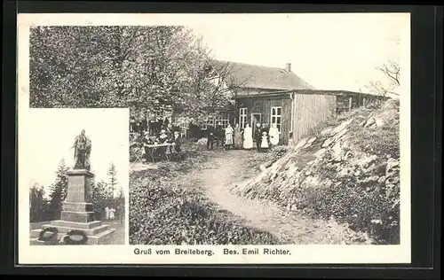 AK Grossschönau, Breiteberg, Gasthaus von Emil Richter, Kaiser Friedrich III. Denkmal