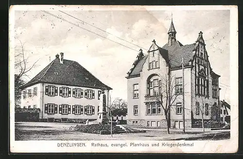 AK Denzlingen, Rathaus mit evgl. Pfarrhaus und Kriegerdenkmal