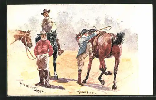 Künstler-AK Mounting, Cowboys im Sattel, Herr besteigt seinen Gaul