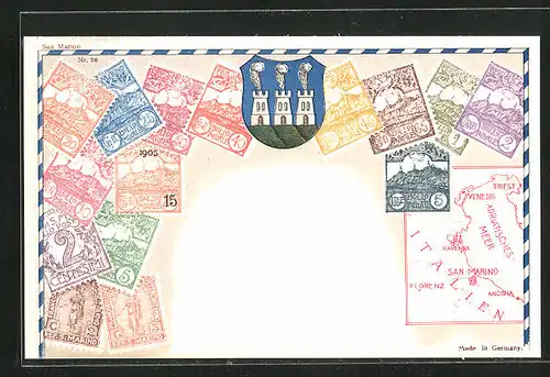 AK Briefmarken aus San Marino mit Wappen