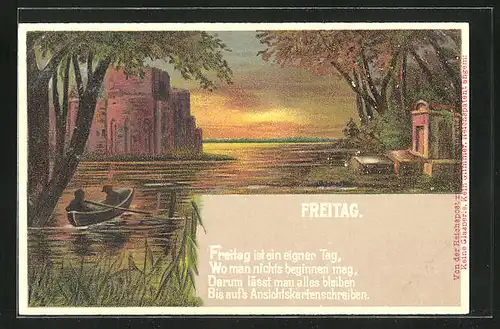 Künstler-AK Allegorie für Freitag. Ruderboot auf dem Wasser bei Sonnenuntergang