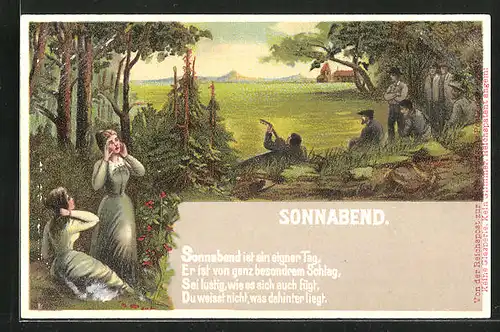 Künstler-AK Allegorie für Sonnabend, Feiernde am Waldrand