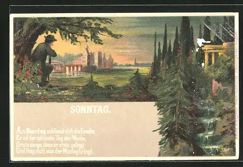 Künstler-AK Allegorie für Sonntag, Ein Wanderer sitzt unterm Baum und blick hinab auf die Stadt