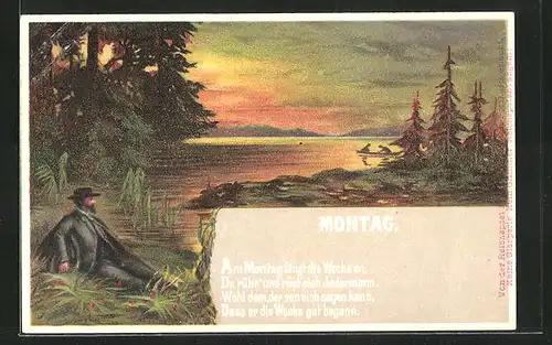 Künstler-AK Allegorie für Montag, Wanderer sitzt am Ufer und beobachtet das Wasser