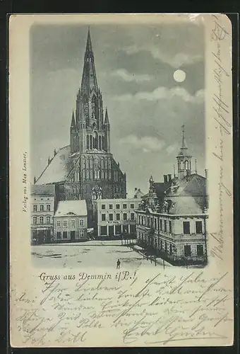 Mondschein-AK Demmin i. P., Rathaus und Kirche