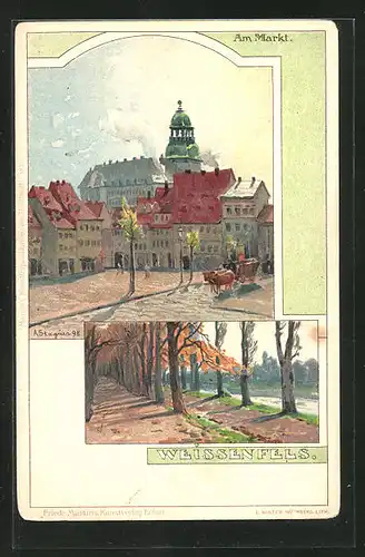 Künstler-AK Albert Stagura: Weissenfels, Markt im Sonnenschein, Allee im Herbstlicht
