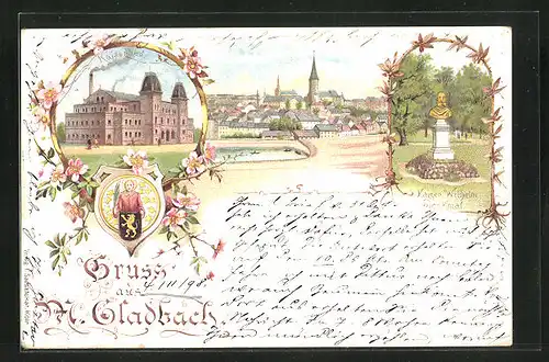 Lithographie M.-Glasbach, Teilansicht, Kaiserbad, Kaiser Wilhelm Denkmal