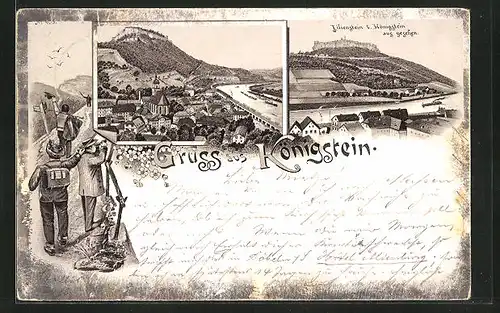 Lithographie Königstein, Teilansicht, Lilienstein v. Ort aus gesehen
