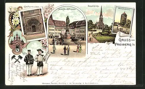 Lithographie Freiberg i /S., Neuer Marktbrunnen, Jakobikirche, Donatsturm