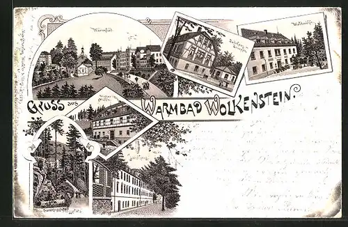 Lithographie Wolkenstein, Hotel & Restaurant Waldmühle, Badehaus mit Brunnen, Hütter-Mühle