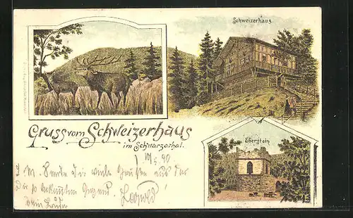 Lithographie Schwarzburg, Schweizerhaus im Schwarzathal, Eberstein, Röhrender Hirsch & Reh