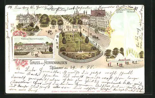 Lithographie Hannover, Schloss Herrenhausen, Herrenhäuser Allee mit Pferdewägen, Grosse Fontaine