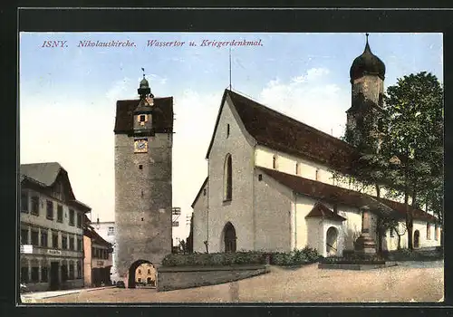 AK Isny, Nikolauskirche, Wassertor und Kriegerdenkmal