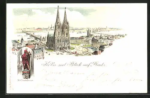 Lithographie Köln, St. Christoforus, Dompartie mit Blick auf Deutz