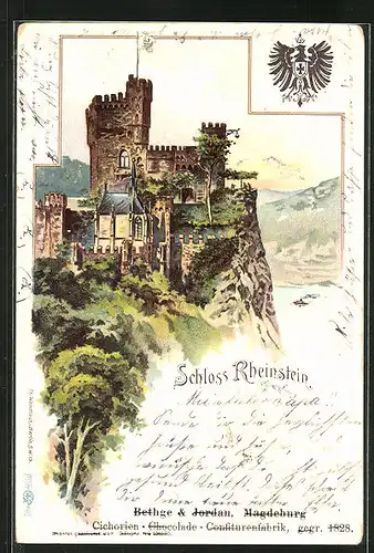 Lithographie Trechtingshausen, Schloss Rheinstein