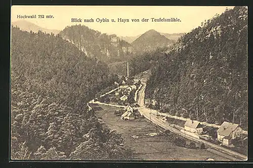 AK Oybin, Blick von der Teufelsmühle auf Ort und Hayn